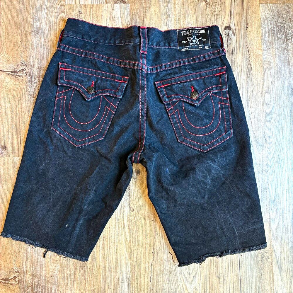 True Religion Ricky Straight Fit Black Dark Wash Denim Jean Cutoff Shorts 32x11